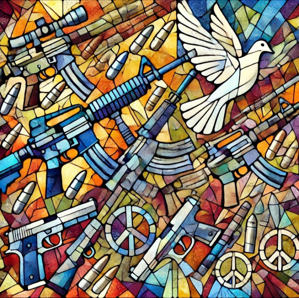 illustrazione a mosaico di fucili contro una colomba